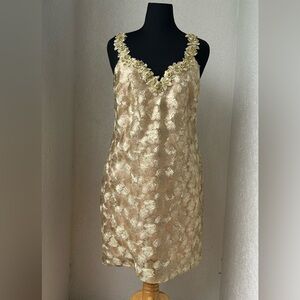 Trina Turk Gold Metallic Floral Mini Sheath Dress Size 14 Formal Party NWOT